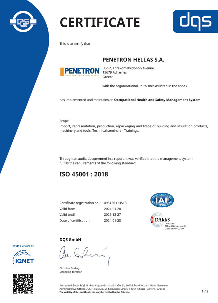 Penetron Hellas DQS Certificate ISO 45001
